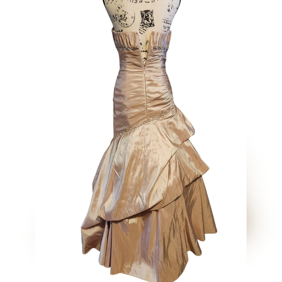 Tiffany Designs Champagne Asymmetrical Ruched Gown - Picture 5 of 13